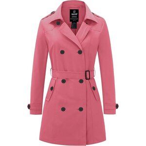 Women's Pink Waterproof Trench Coat with Classic Lapel and Belted Design